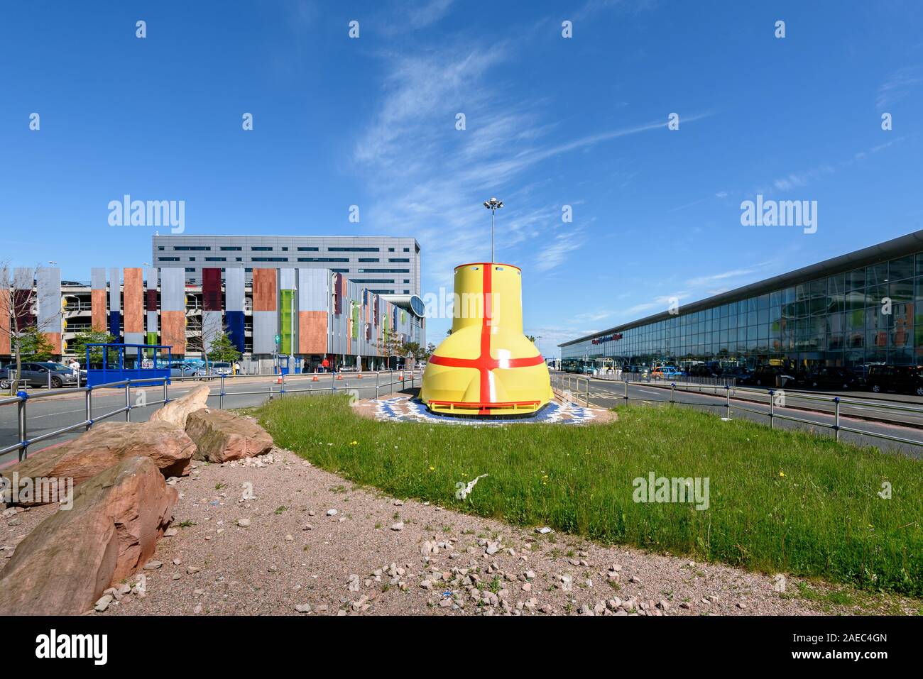 Liverpool, United Kingdom - May 13, 2015: The Yellow Submarine  is a large model representation of the submarine in located a the Liverpool airport. Stock Photo