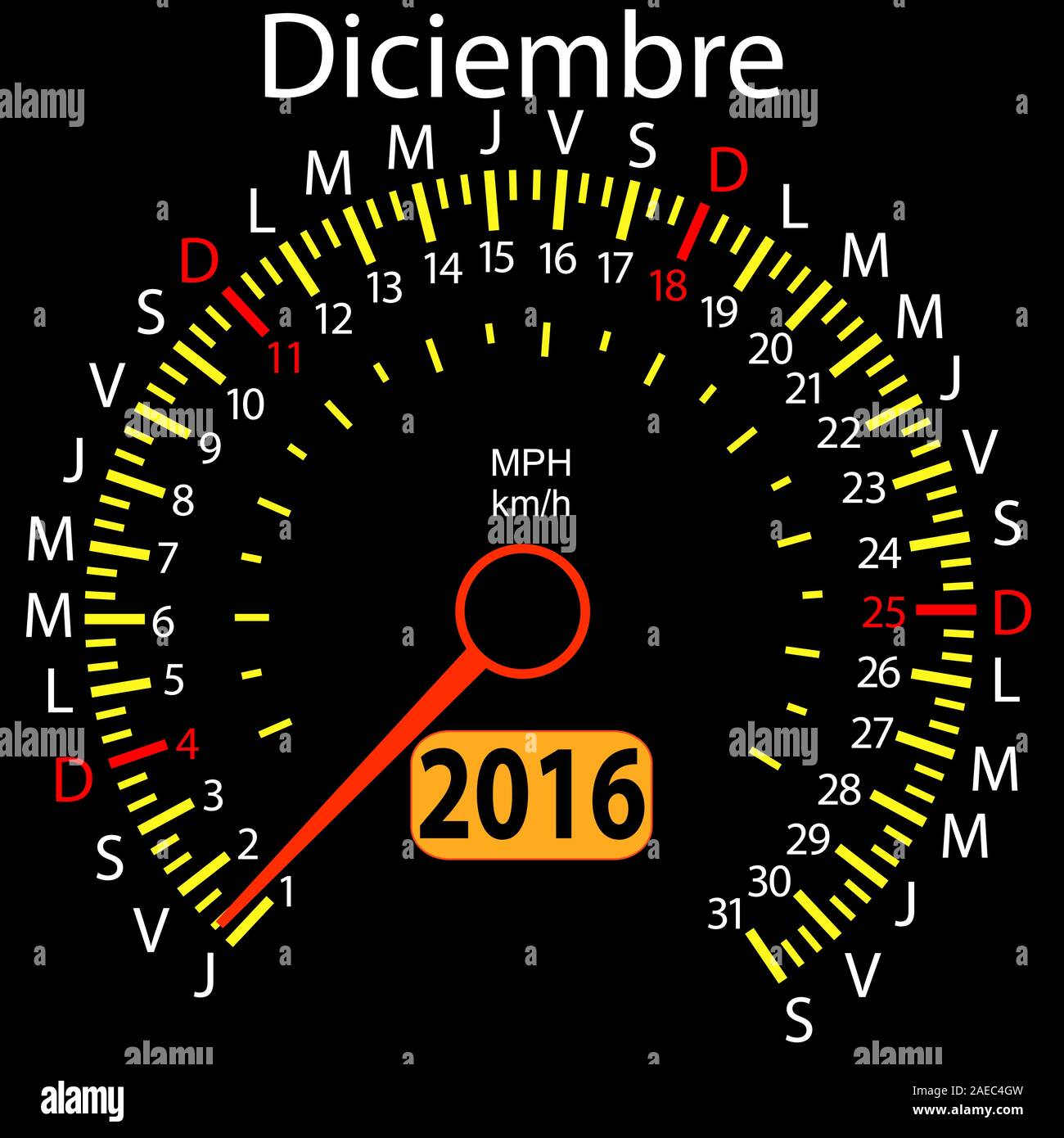 2016 year calendar speedometer car in Spanish, December. Vector