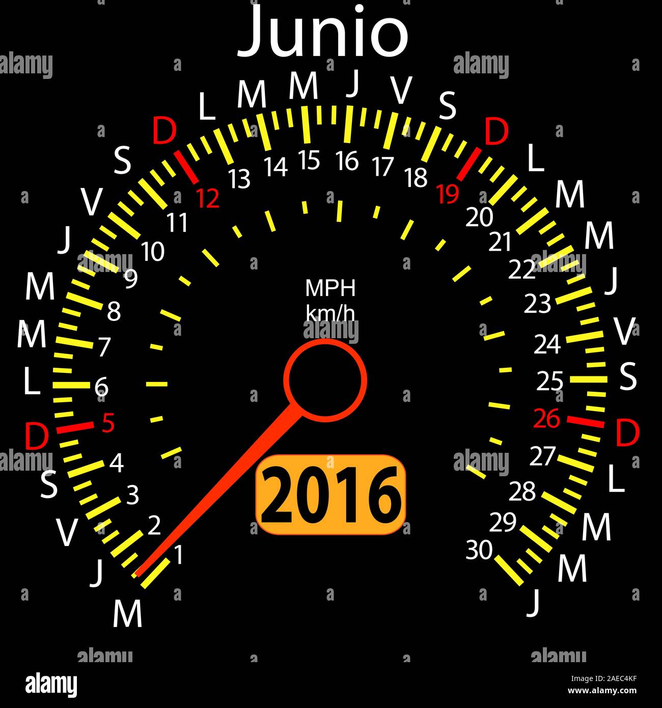 2016 year calendar speedometer car in Spanish, June. Vector ...