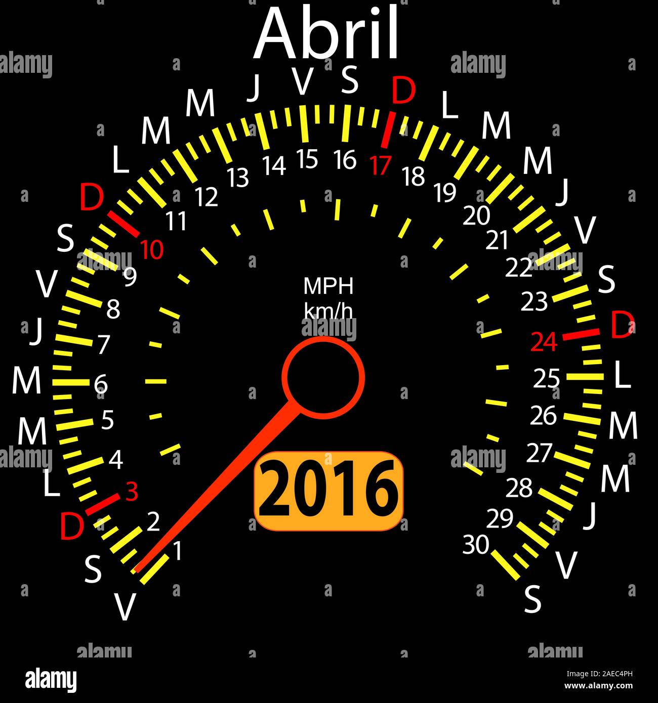 2016 year calendar speedometer car in Spanish, April. Vector
