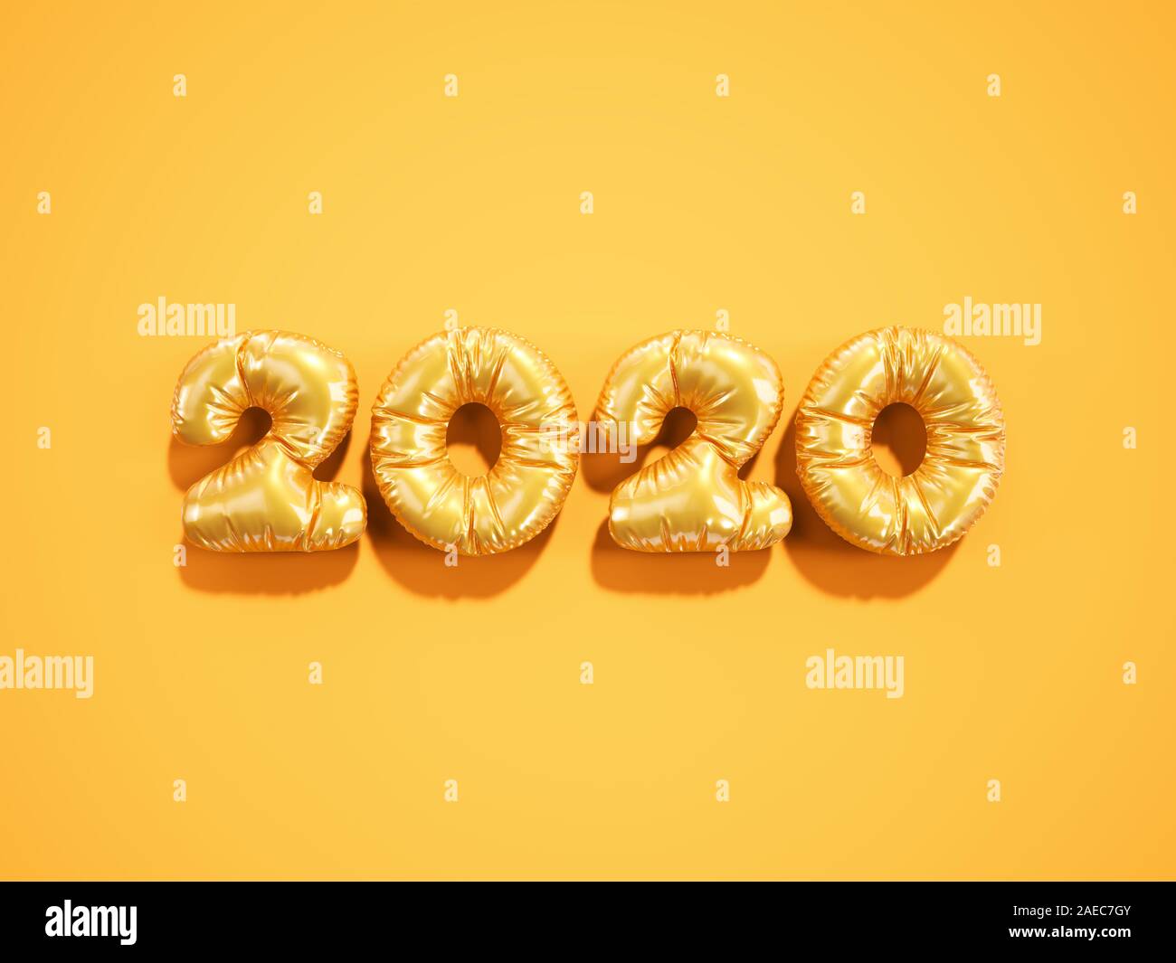 Christmas and Happy new year 2020 balloon orange golden numbers on a yellow background. 3d rendering Happy New Year 2020 logo design. Stock Photo