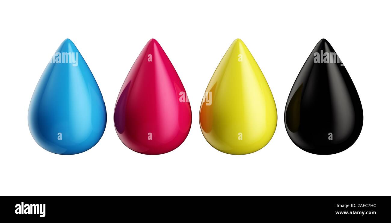 CMYK paint drop. 3d rendering illustration. Isolated on white