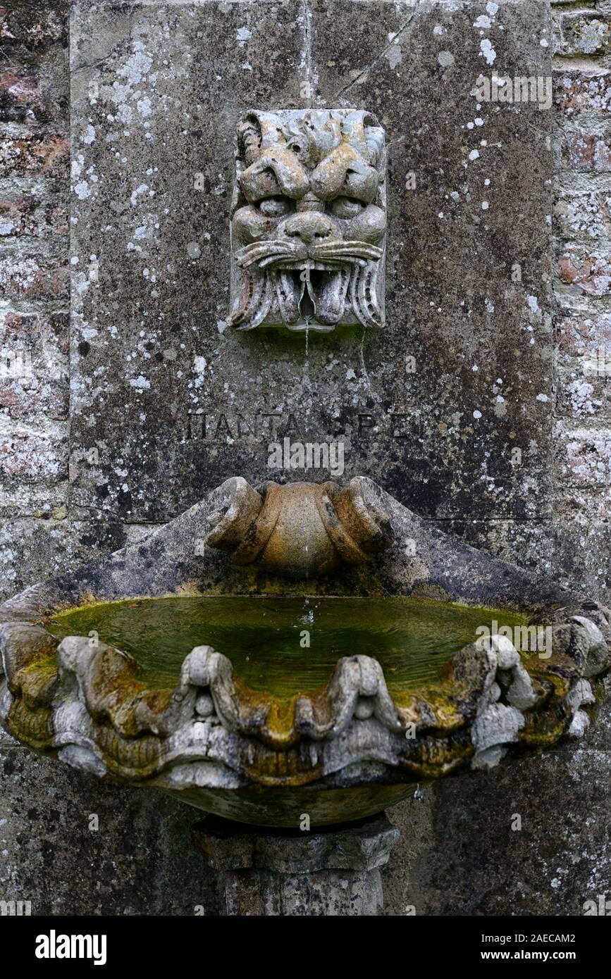 lions head fountain,stone fountain,water feature,garden feature,classic,classical,neo-classical,wall,walled garden,gardening,RM Floral Stock Photo