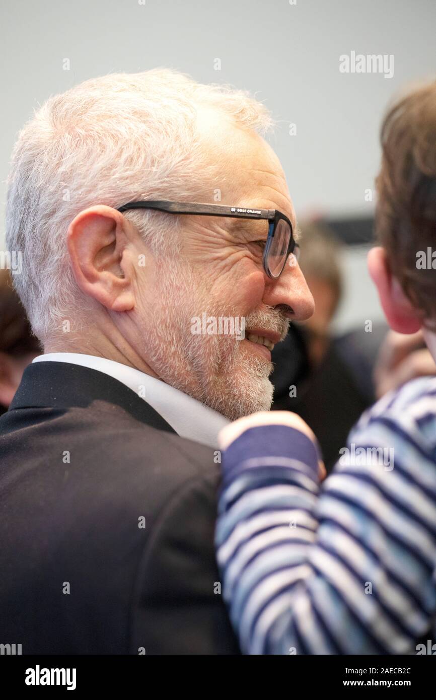 Jeremy Corbyn on the election trail 2019, Bangor Gwynedd. Photo includes Noa, son of Steffie Williams Roberts and permission has been granted for use Stock Photo
