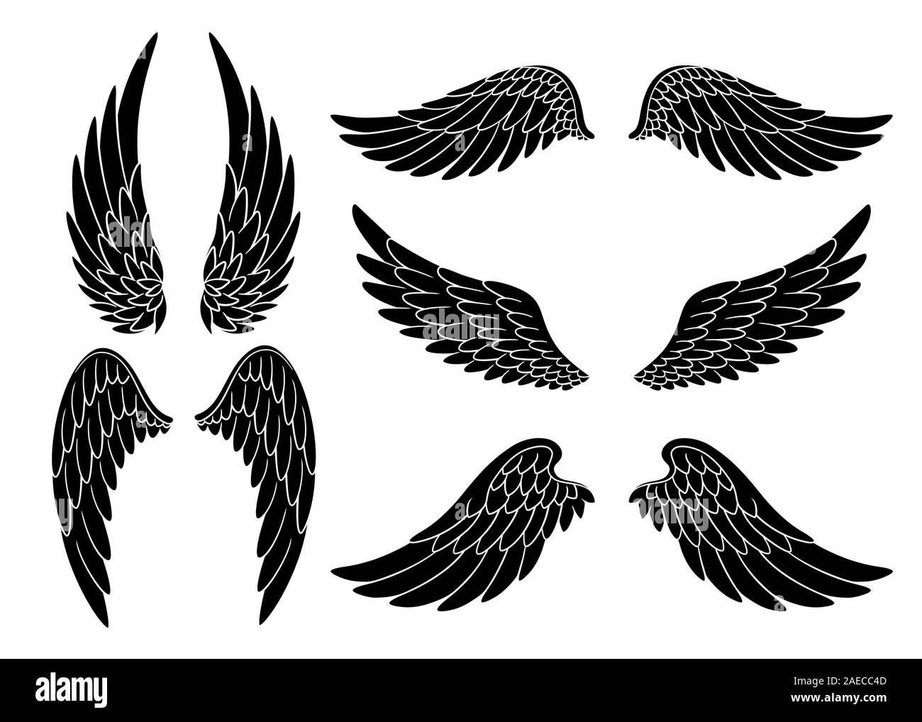 Set of hand drawn bird or angel wings of different shape in open position. Black doodle wings set Stock Vector