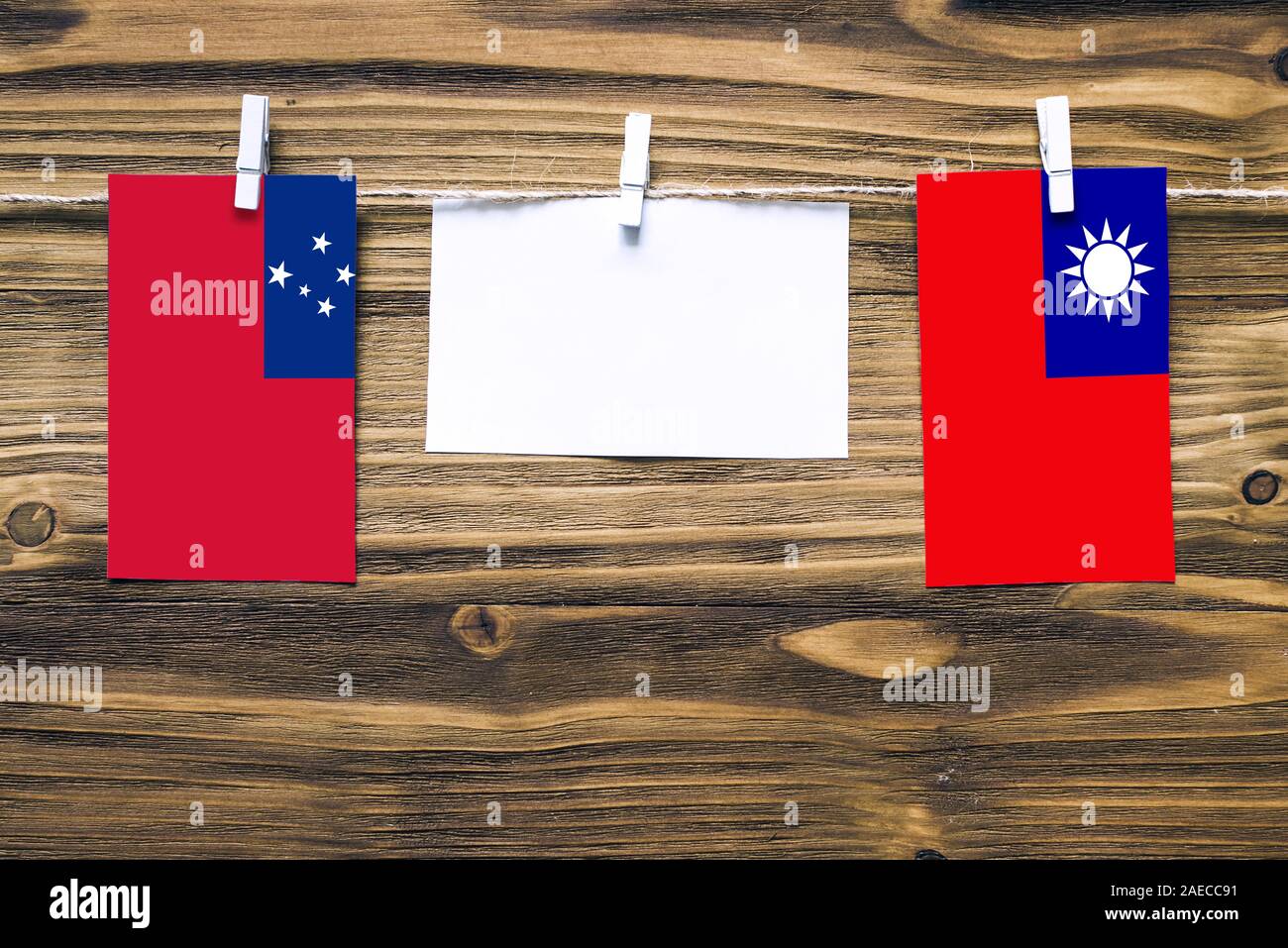 Samoa Rope Hanging flags of Samoa and Taiwan attached to rope with clothes pins ...