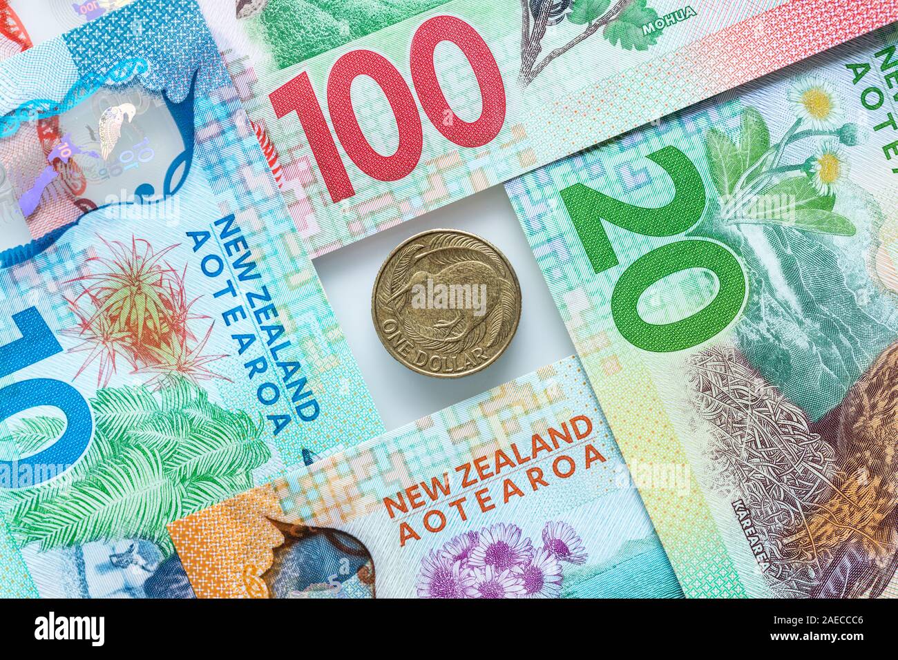 New Zealand Money Various Bills And A Kiwi Bird Coin Stock Photo Alamy