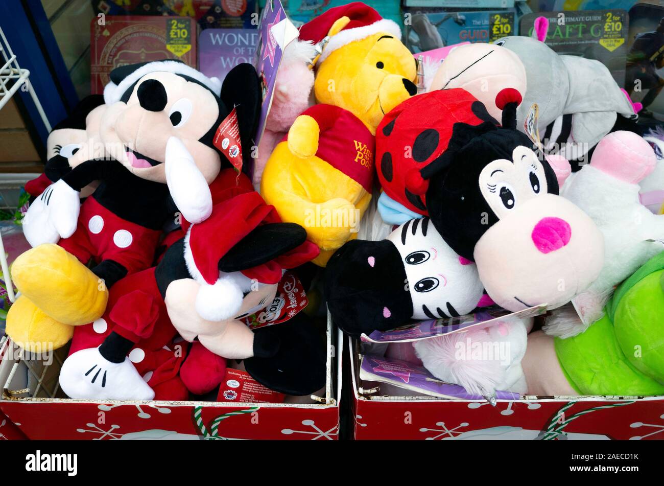 Display of soft toy animals outside a shop for the Christmas sale market Stock Photo