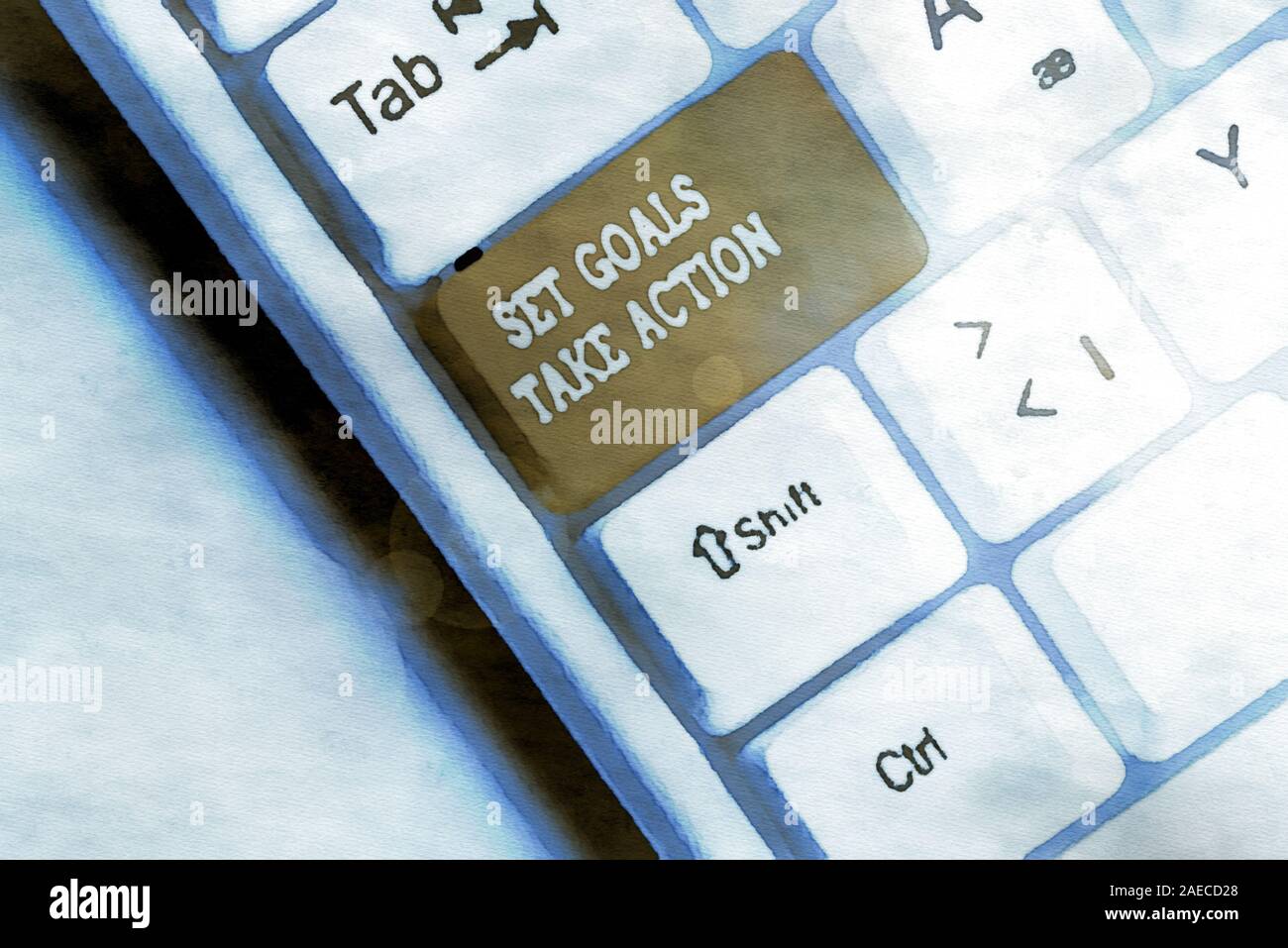 Word writing text Set Goals Take Action. Business photo showcasing Act on a specific and clearly laid out plans White pc keyboard with empty note pape Stock Photo