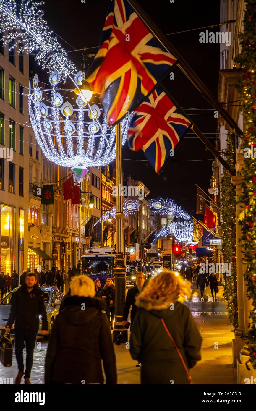 Luxury shops on New Bond Street, Christmas season in London, Stock Photo