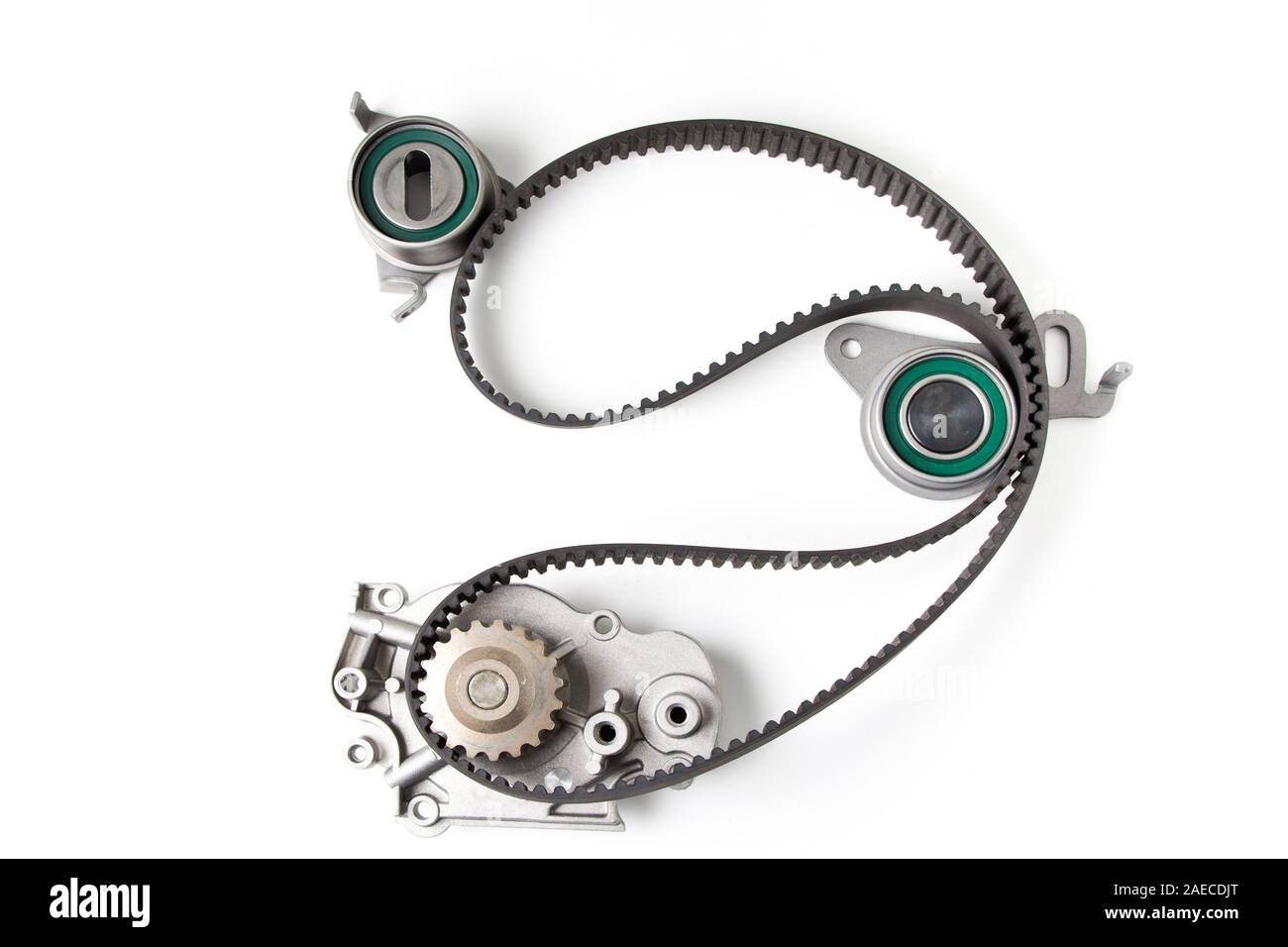 Kit of timing belt with rollers for cars isolated on white background