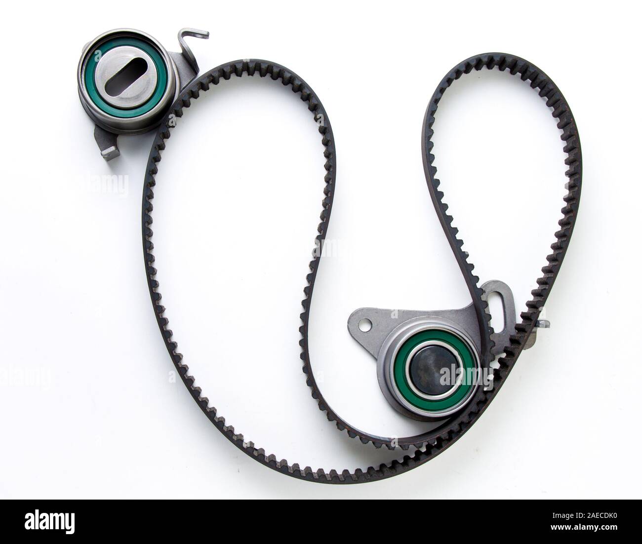 Kit of timing belt with rollers for cars isolated on white background