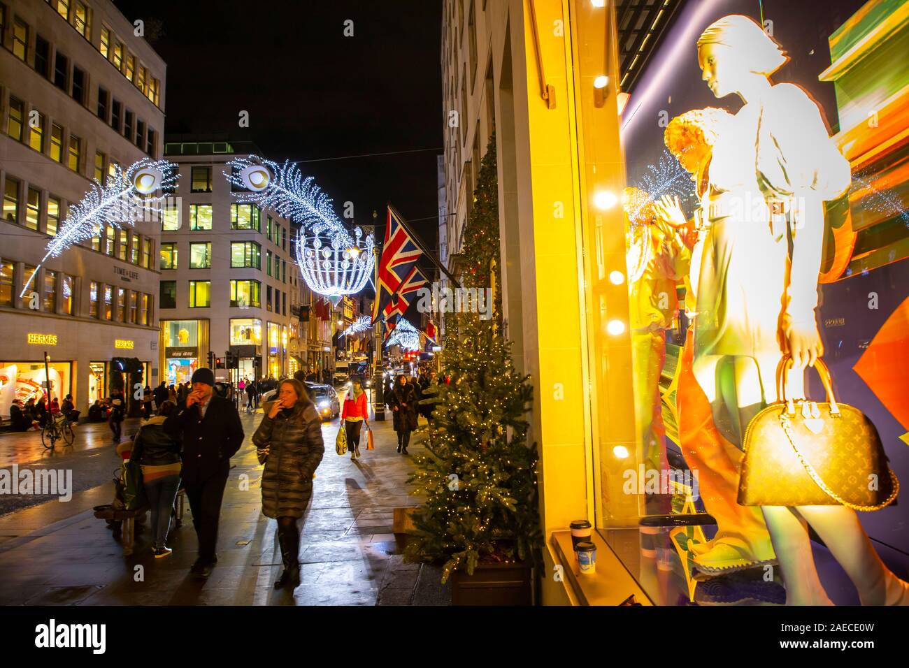 Luxury shops on New Bond Street, Christmas season in London, Stock Photo