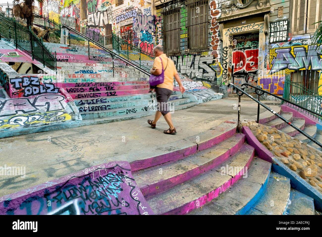 Colourful / colorful graffiti along the staris leading up to Cours Julien, Marseille, France, Europe Stock Photo