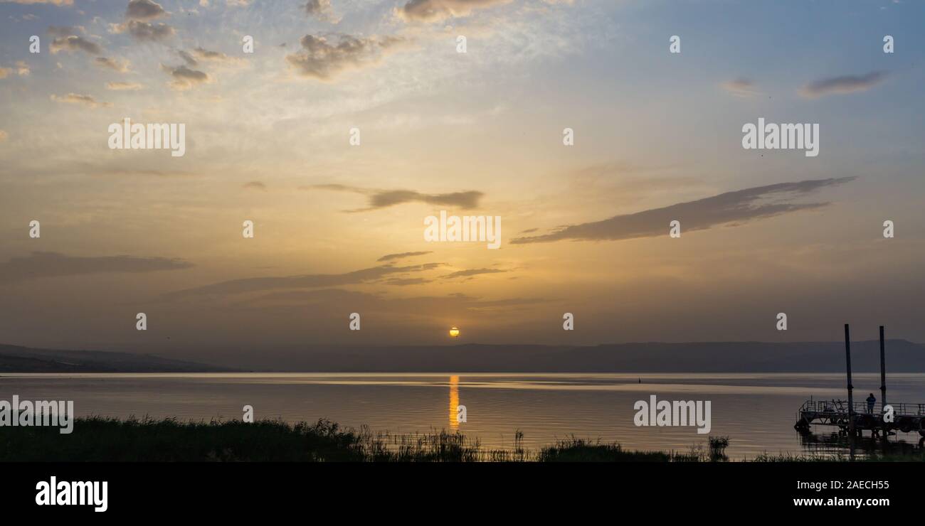 Sunrise at the Sea of Galilee.  The Sea of Galilee is one of the most familiar bodies of water in the Bible, especially to readers of the Gospels. Stock Photo