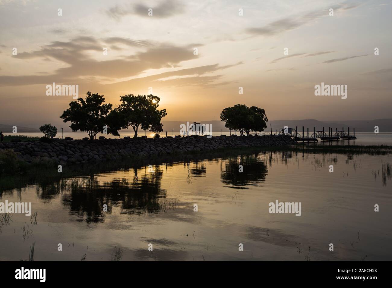 Sunrise at the Sea of Galilee.  The Sea of Galilee is one of the most familiar bodies of water in the Bible, especially to readers of the Gospels. Stock Photo