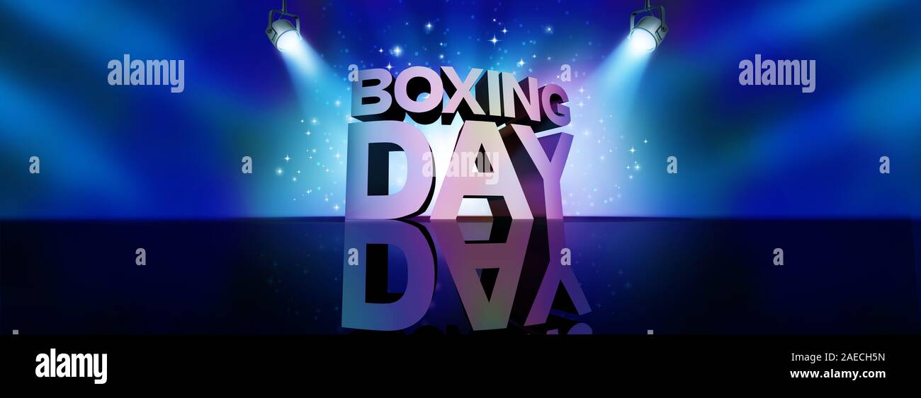 Boxing day background discount sale greeting banner sign as a text on a stage with spot lights and sparkles as a party to celebrate a newyear. Stock Photo