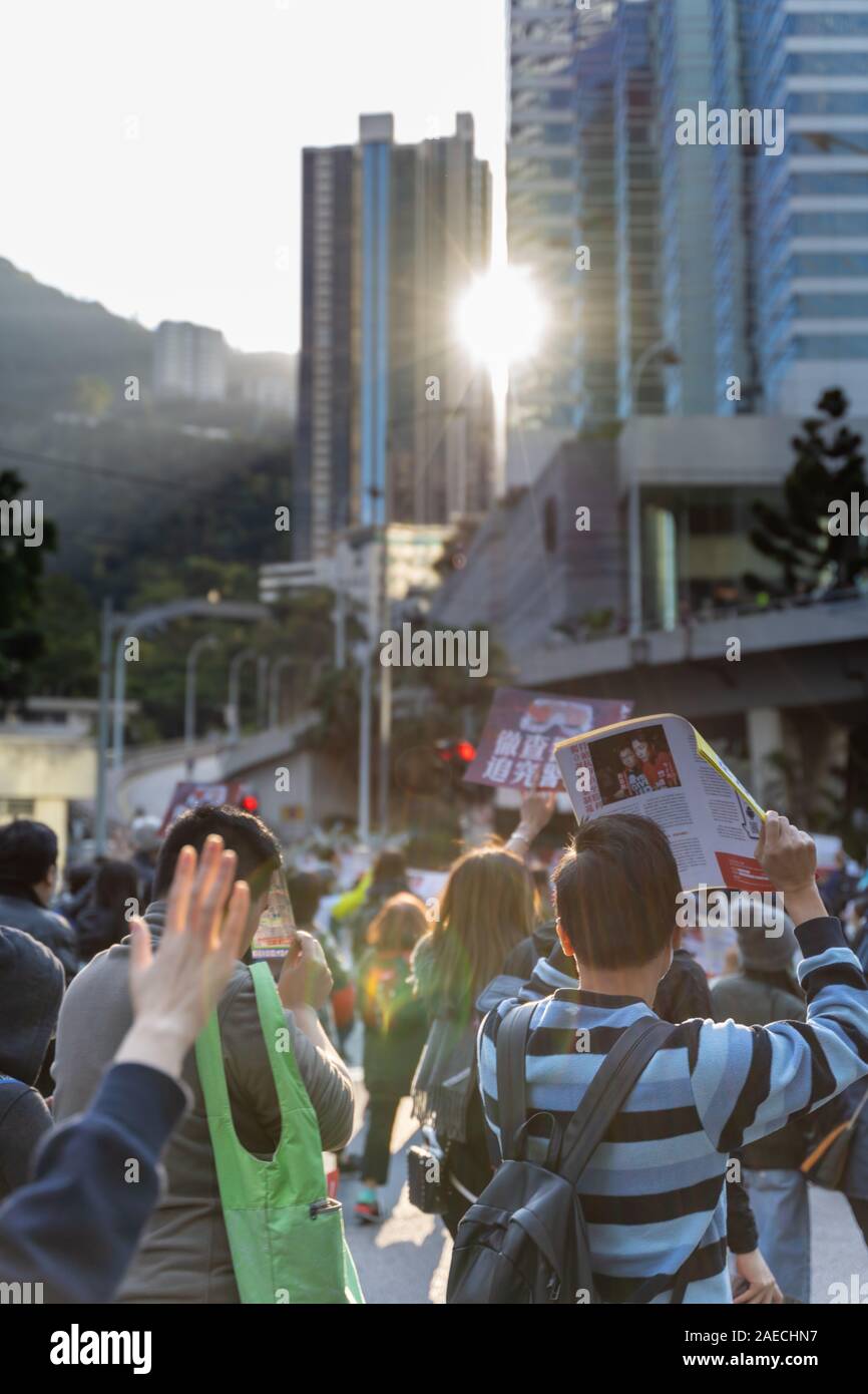 Hong Kong Island, Hong Kong - Dec 8, 2019: International Bill of Human Rights protest in Hong Kong, 0.8 Million people out in the street against polic Stock Photo