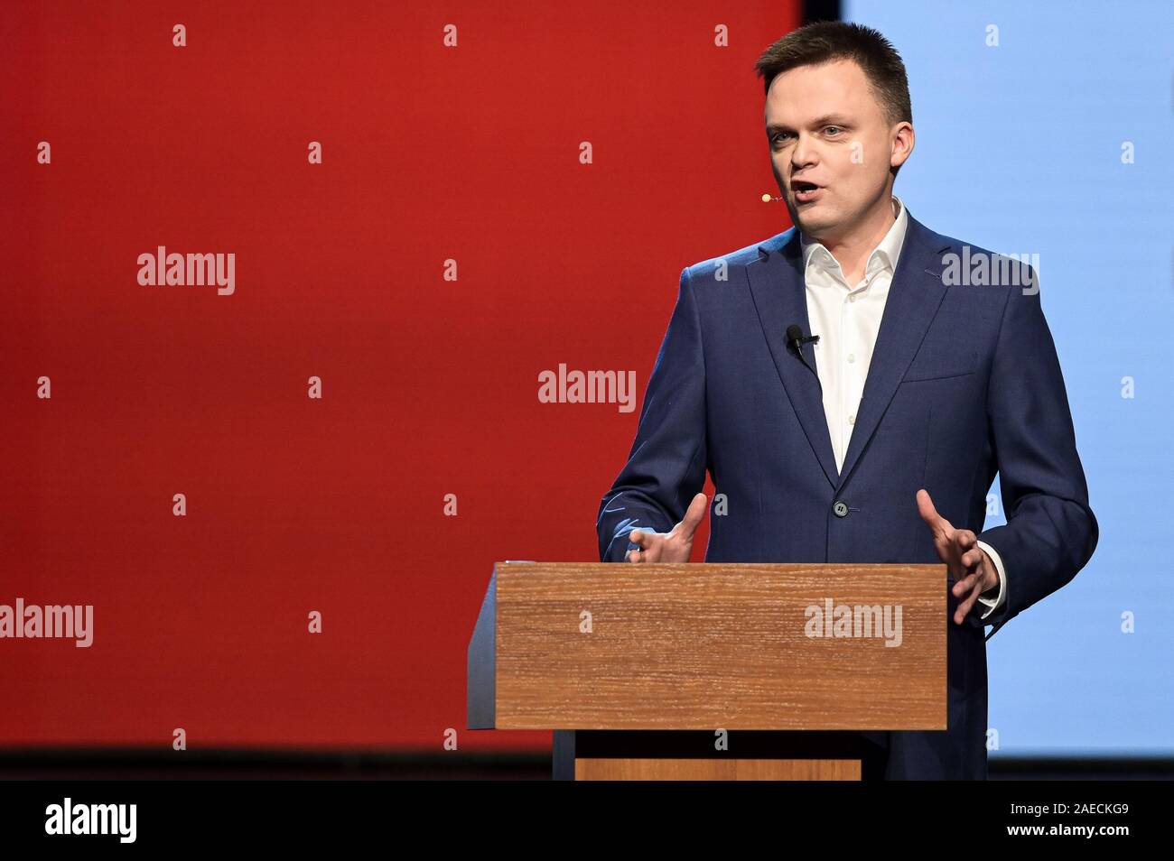 Szymon Holownia announce his presidential campaign for 2020 during a press conference. He is a polish journalist, writer and publicist famous for hosting a Poland Got Talent TV programme. Stock Photo