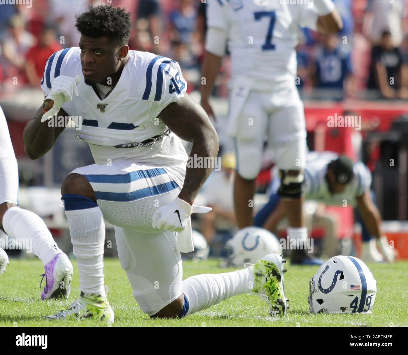 Tampa, Florida, USA. 8th Dec, 2019. Indianapolis Colts linebacker Matthew Adams (49) stretches before the NFL game between the Indianapolis Colts and the Tampa Bay Buccaneers held at Raymond James Stadium in Tampa, Florida. Andrew J. Kramer/Cal Sport Media/Alamy Live News Stock Photo