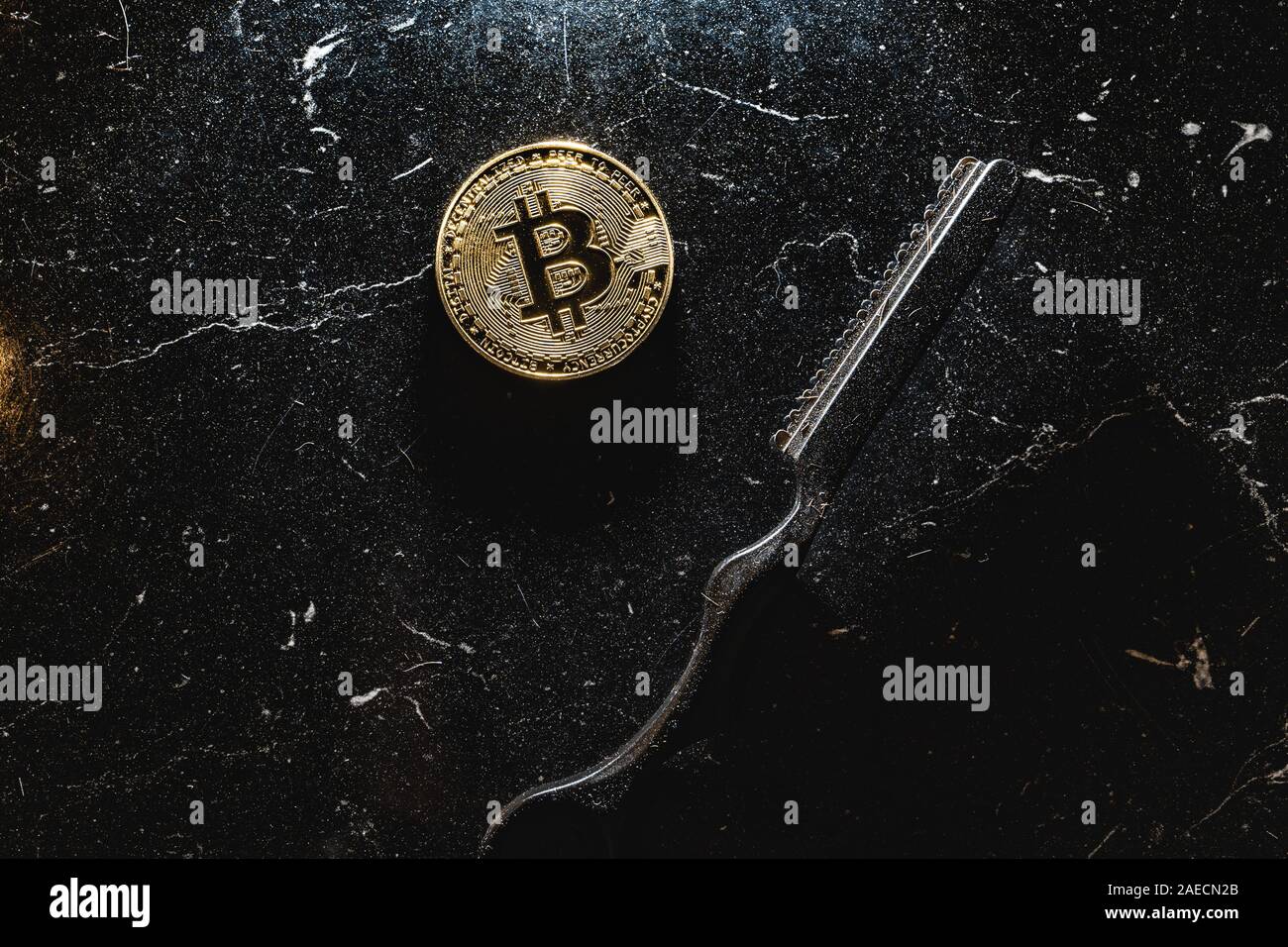 Bitcoin on a dark background. Cryptocurrency is the currency of the future.  Stock Photo