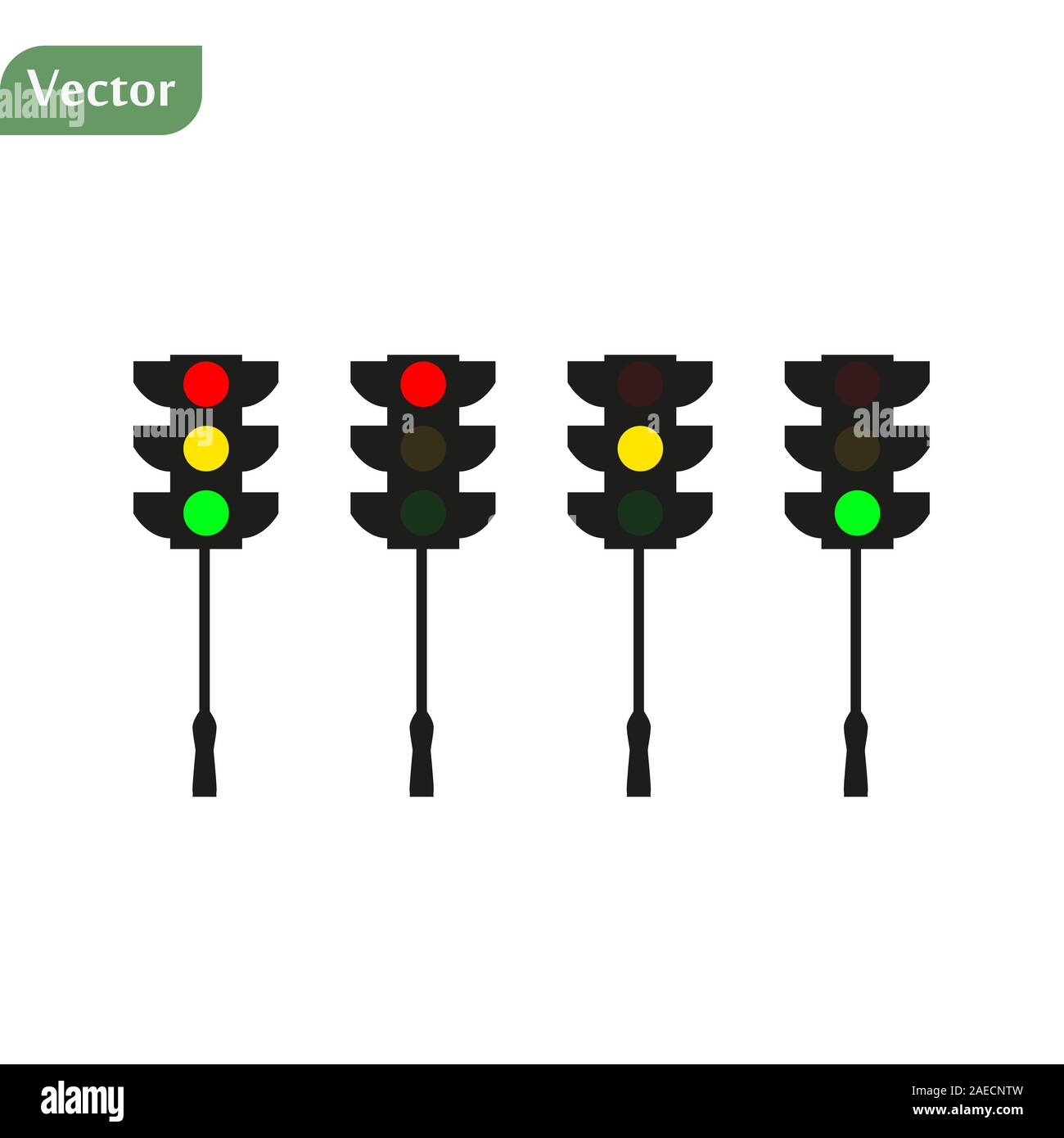 Set of traffic lights. Flat signal icons. Semaphore design. Vector illustration isolated on white background. Stock Vector