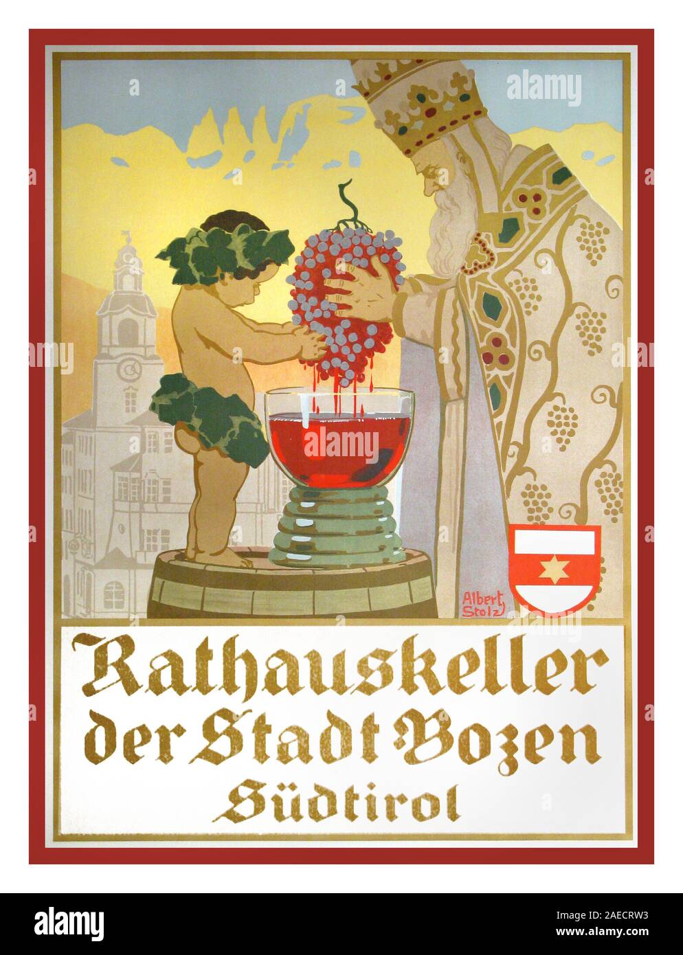 Albert Stolz  1900's Vintage Wine Poster by Albert Stolz Rathauskeller, vintage wine poster made in the  Arts and Crafts style, Lithograph,  Print Lorenz Fränzel, Bolzano Manifesto 'Town Hall of the City of Bolzano', 1910  Stampa Lorenz Fränzel, Bolzano Stock Photo