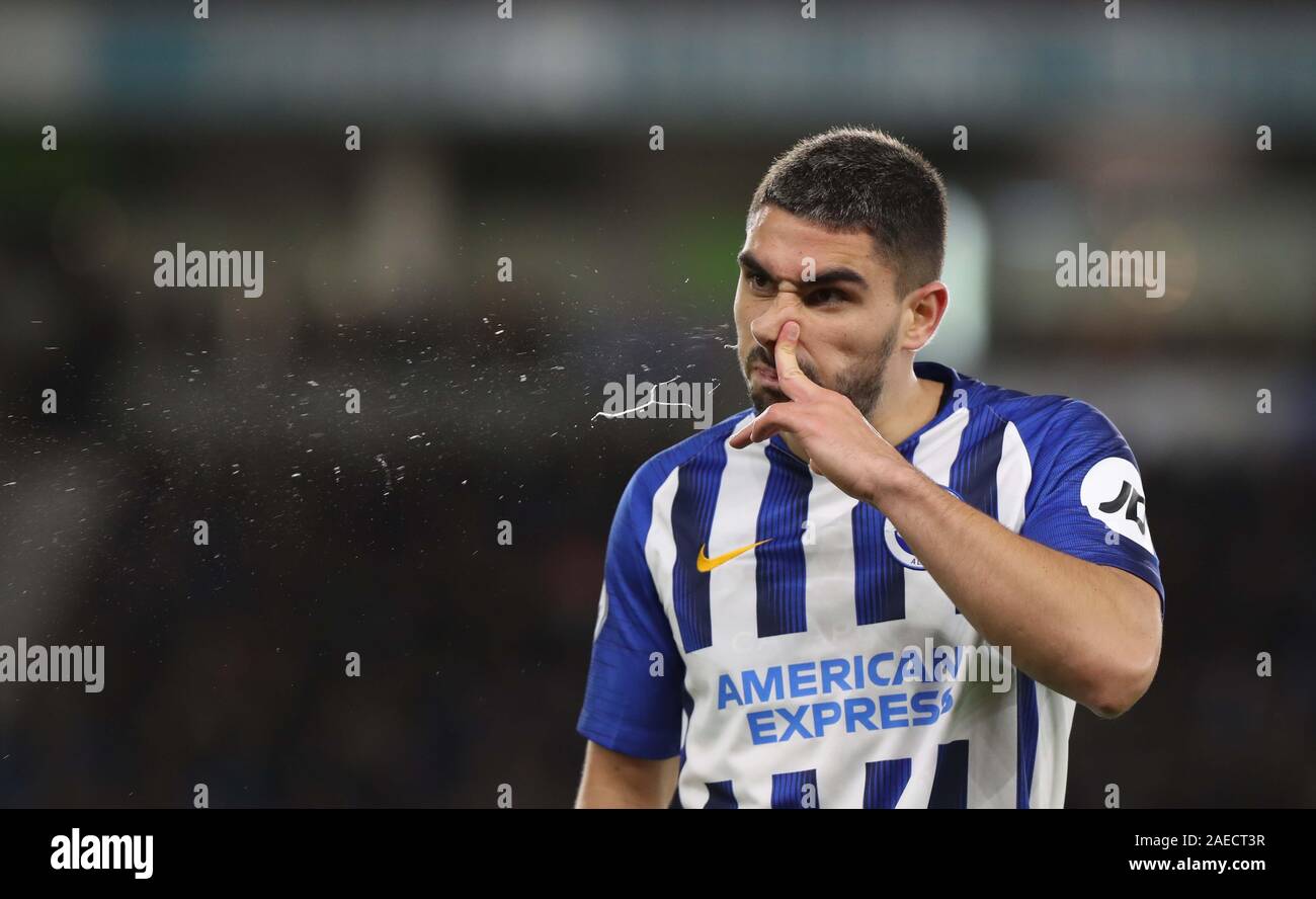 Brighton's Neal Maupay clears his nose during the Premier League match between Brighton & Hove Albion and Wolverhampton Wanderers at The Amex Stadium in Brighton. 08 December 2019 Stock Photo