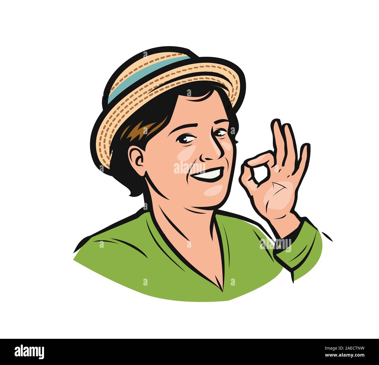 Portrait of happy woman in hat. Farmer logo vector illustration Stock Vector