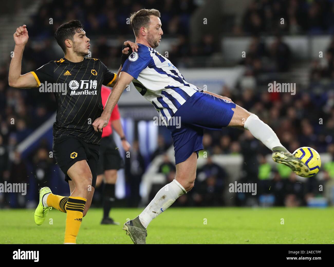 Brighton's Dale Stephens intercepts the ball during the Premier League match between Brighton & Hove Albion and Wolverhampton Wanderers at The Amex Stadium in Brighton. 08 December 2019 Stock Photo