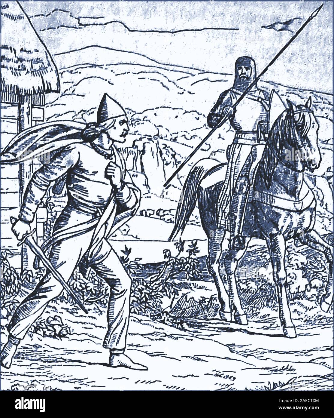 An early  line illustrations showing  the death of LLewelyn last of the Welsh princes (left) and Stephen de Frankton who killed him.  - Llewelyn, aka Llewelyn  ap Gruffydd , Llywelyn the Last , Llywelyn Yr Ail , Llywelyn II, Llywelyn Ein Llyw Olaf, The last true Prince of Wales and  Tywysog Cymru, lived  1223-1282 and   was the last sovereign prince of Wales before its conquest by Edward I of England. He was killed at the Battle of Orewin Bridge (also known as the Battle of Irfon Bridge) at Builth Wells under suspicious circumstances involving personal deception. Stock Photo