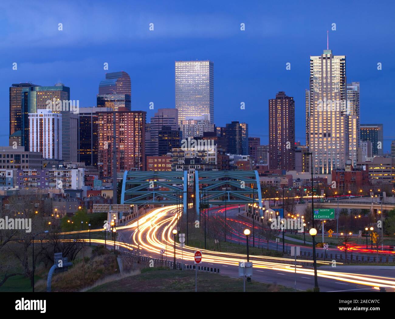Downtown Denver at Night with Traffic Headlight Streaks Stock Photo Alamy