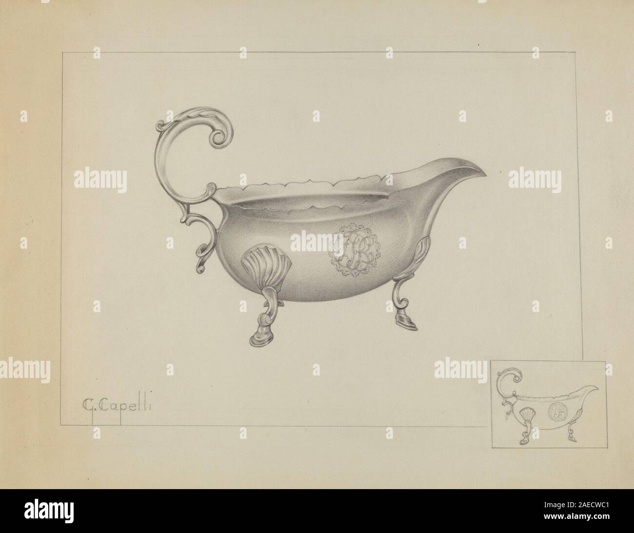 Silver sauce boat by Giacinto Capelli, circa 1936, with spout, handle, curved body, polished surface, and designed for serving sauces or gravies. Stock Photo