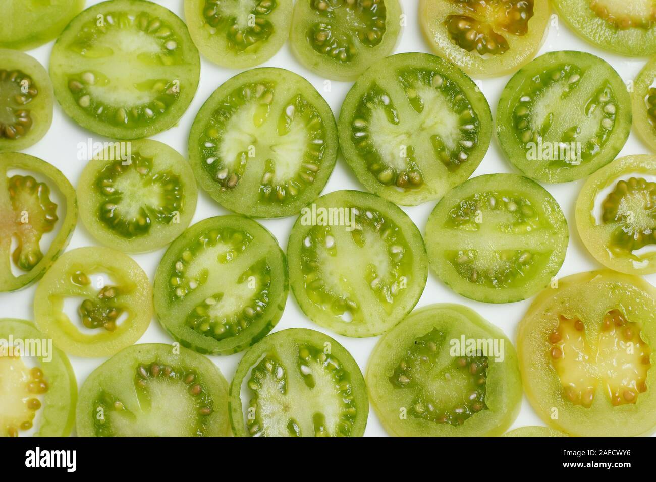 Solanum lycopesicum. Unripe green tomatoes sliced on white background. Stock Photo