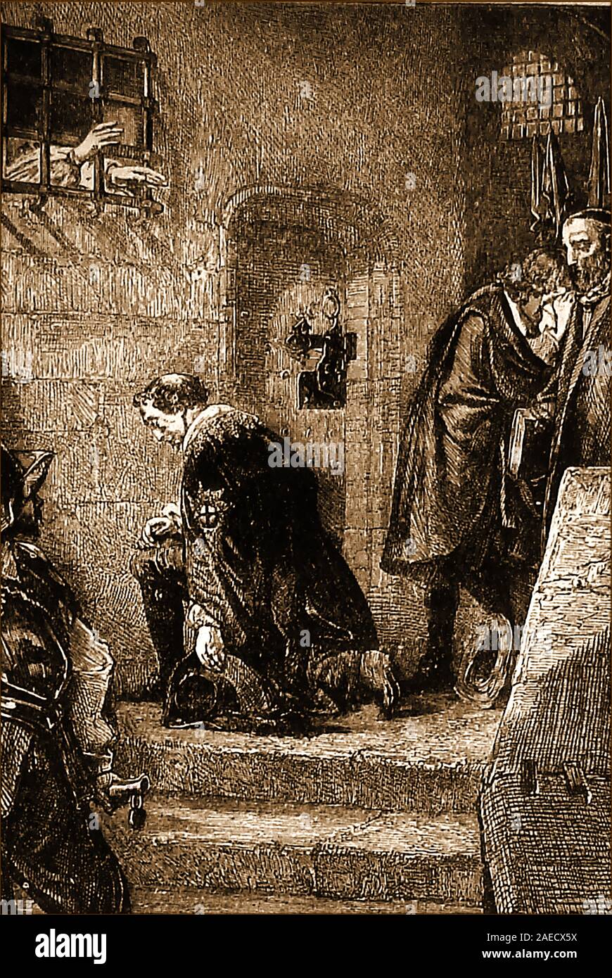 Edward Stafford,  (1478 – 17 May 1521), the  3rd duke of Buckingham, was beheaded on Tower Hill outside the Tower of London, after being  found guilty of high treason against Henry VIII, his  first cousin once removed .This old illustration shows him praying in gaol immediately before execution reciting the 'penitential psalms'. He was 43. Stock Photo