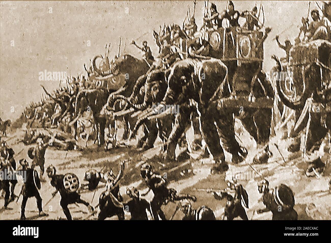 Battle of Zama  (Tunisia) aka Battle of the Elephants (202 BC) , a battle between the forces of the Roamn Scipio and Hanibal that involved mercenaries from many countries including Spain, Gaul (France), Liguria, and even the Balearic Islands. Stock Photo