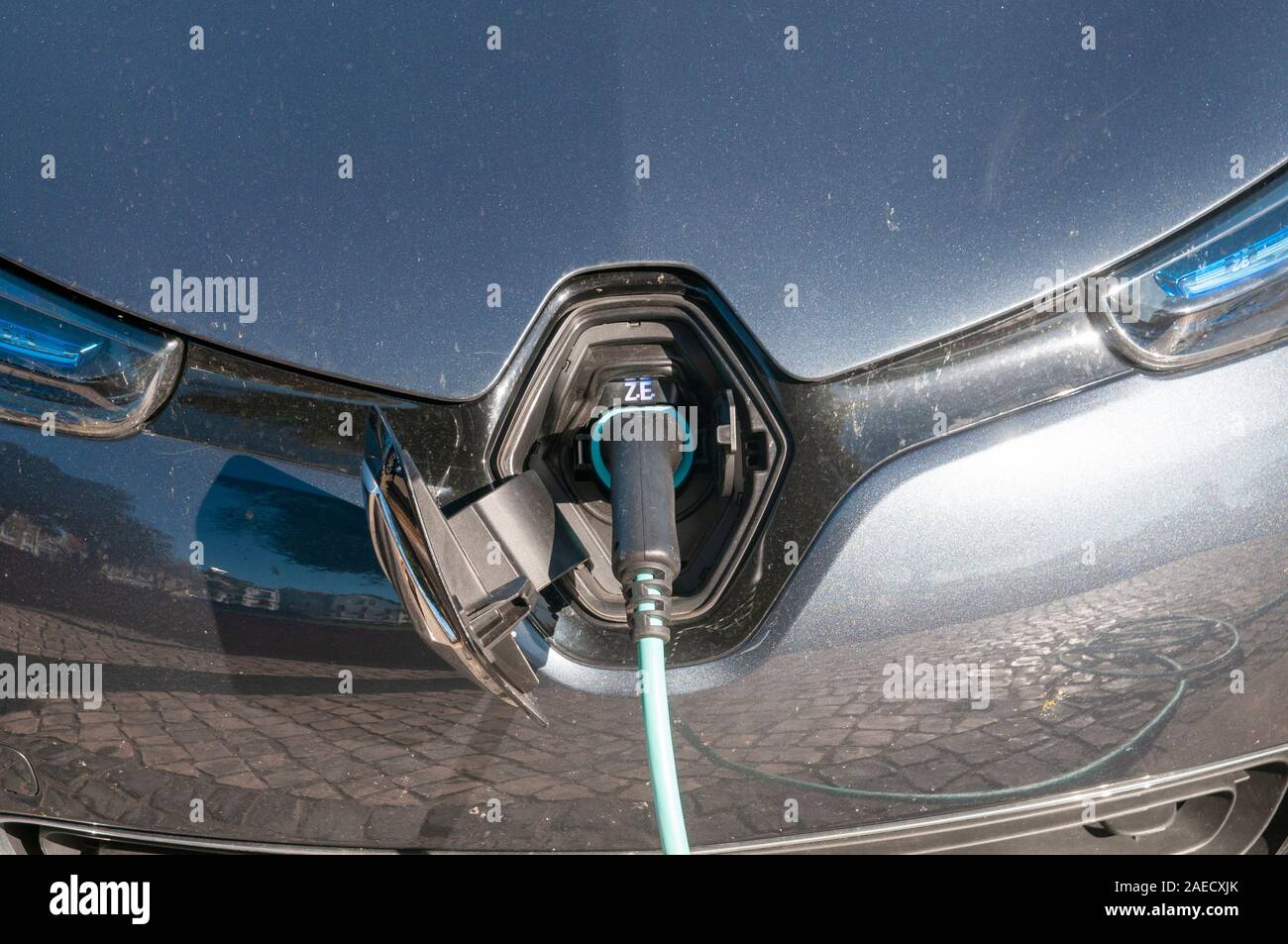 Electric car at a charging station photographed in Aveiro, Portugal