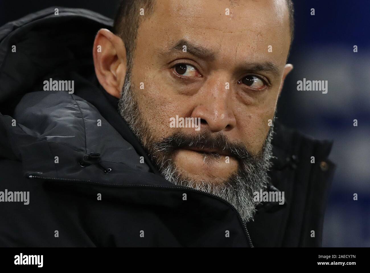 Wolves manager Nuno during the Premier League match between Brighton & Hove Albion and Wolverhampton Wanderers at The Amex Stadium in Brighton. 08 December 2019 Stock Photo