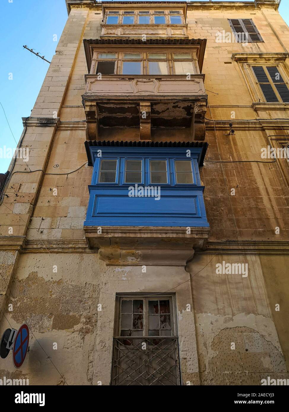 Old blue maltese balcony, mediterranean architecture, Valletta, Malta Stock Photo