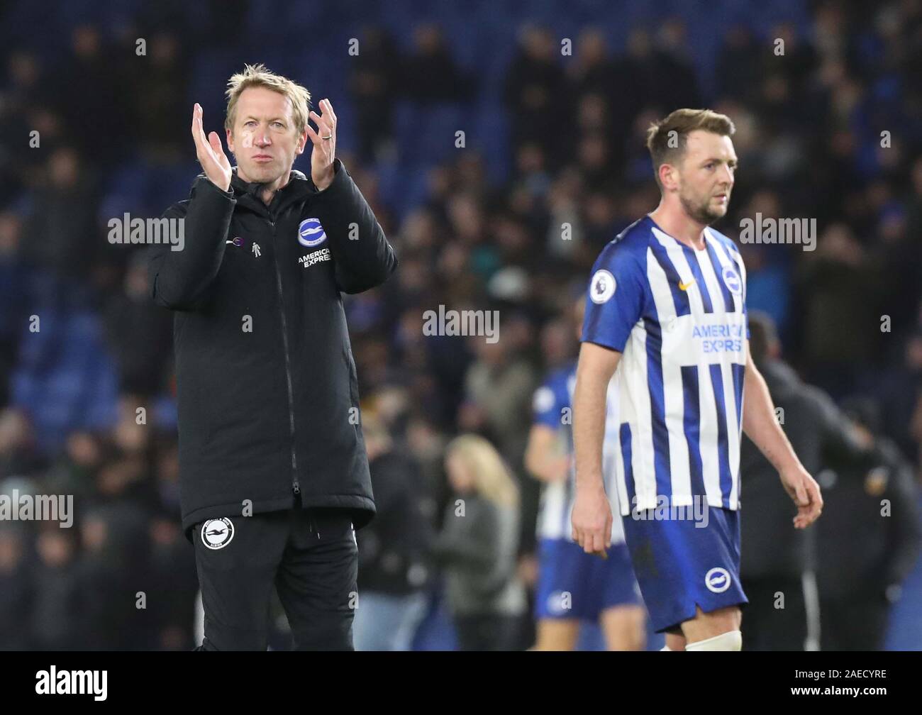 Brighton's manager Graham Potter applauds the fans after  the Premier League match between Brighton & Hove Albion and Wolverhampton Wanderers at The Amex Stadium in Brighton. 08 December 2019 Stock Photo