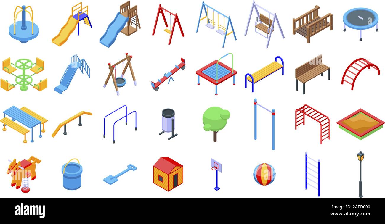 Kid playground icons set, isometric style Stock Vector