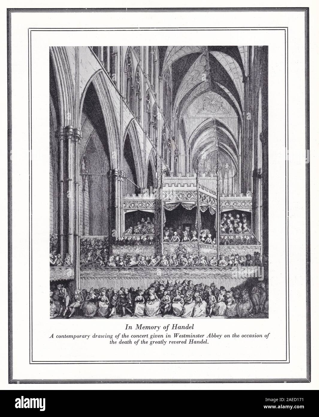 'In Memory of Handel' - A drawing of the concert given in Westminster Abbey on the occasion of the death of the greatly revered Handel. Stock Photo