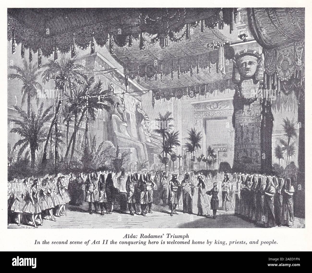 'Aida: Radames' Triumph' - Second scene of Act II the conquering hero is welcomed home by the King, priests and people.  Opera by Giuseppe Verdi. Stock Photo