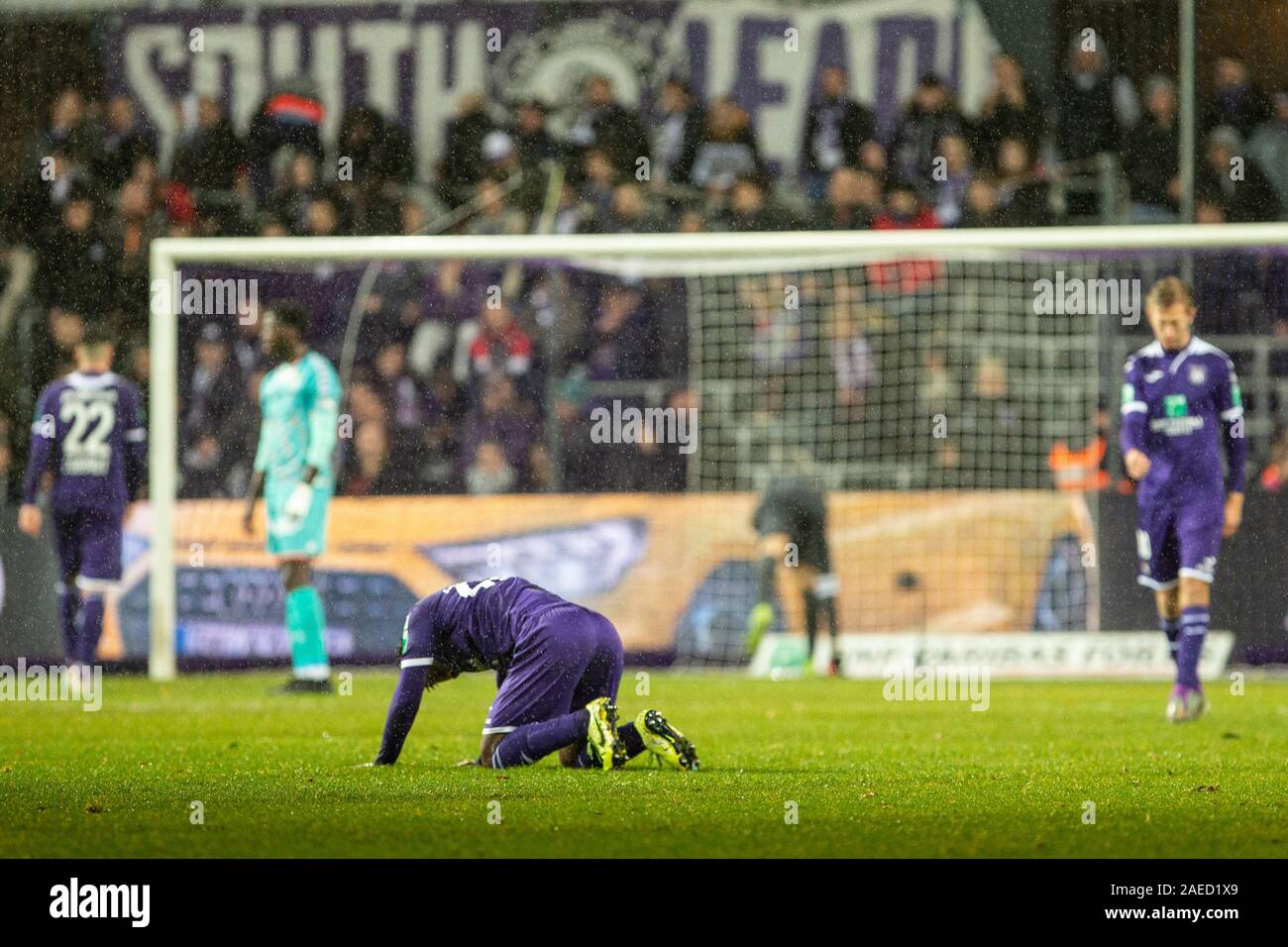 BRUSSELS, BELGIUM - December 08: Jeremy Doku of Anderlecht and Maxime Busi  of Charleroi fight for the ball during the Jupiler Pro League match day 18  between Rsc Anderlecht vs Sporting Charleroi