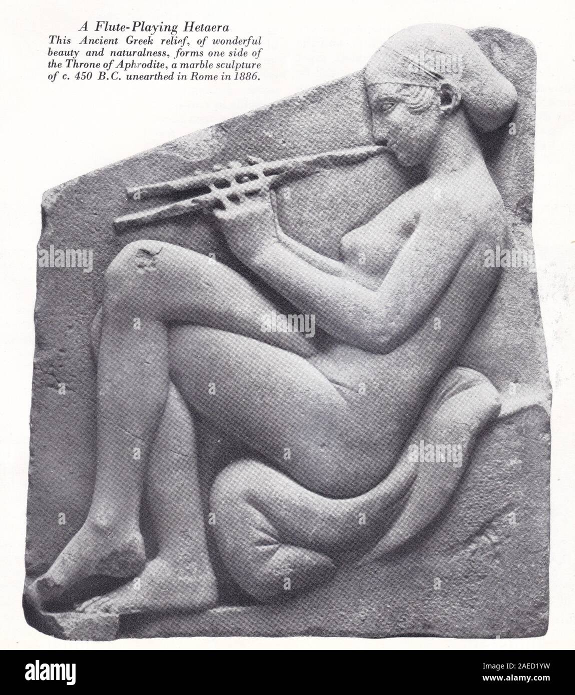'A Flute Playing Hetaera' - Ancient Greek relief from the 'Throne of the Aphrodite' a marble sculpture of c. 450 B.C. unearthed in Rome in 1886. Stock Photo