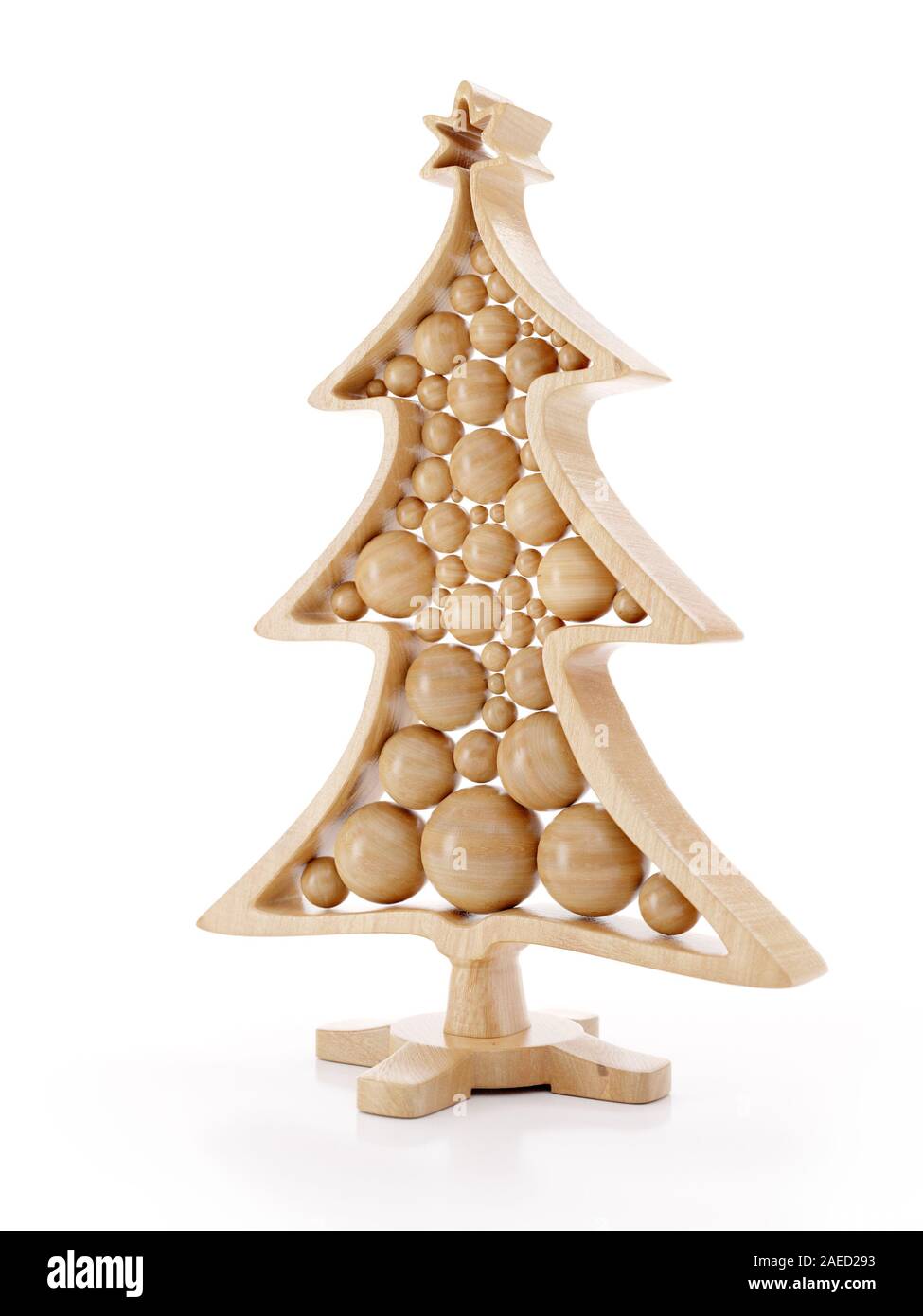 3D render of wooden christmas tree with balls on stand over white background Stock Photo