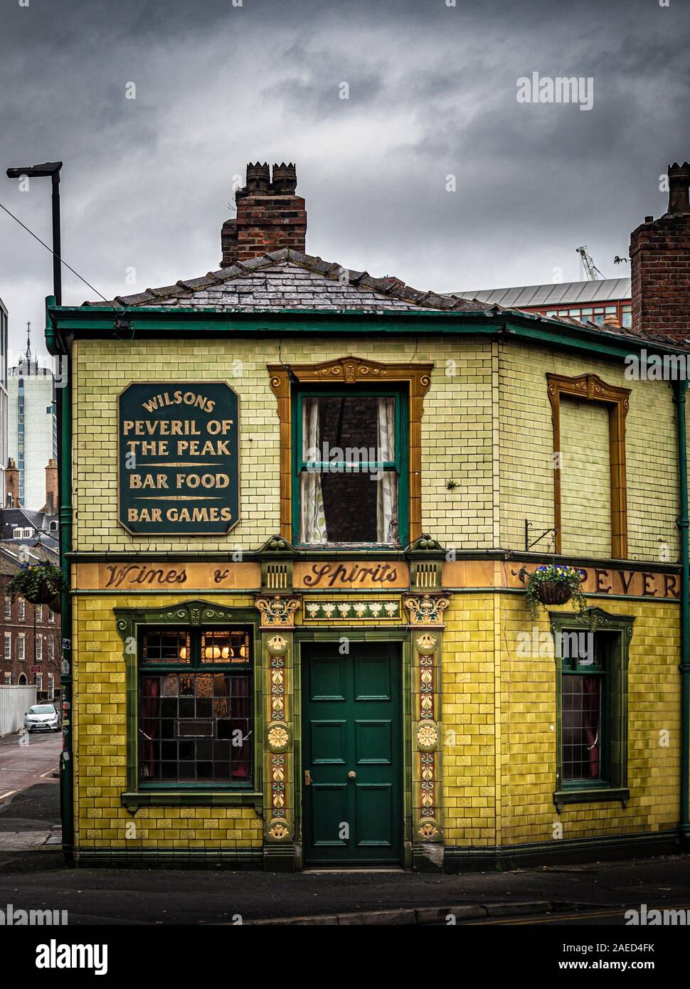 Peveril of the Peak , one of Manchester’s most celebrated pubs, dates from the early 19th century and is said to be named after a stagecoach that used Stock Photo