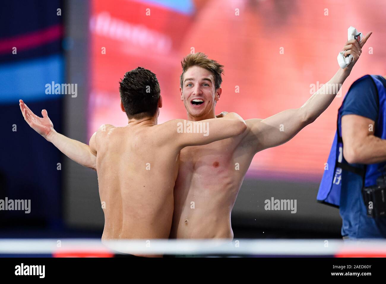 Glasgow, Scotland, UK.  08th Dec, 2019. Richard Bohus of Hungary celebrates with team mate after winning the Men's 4 x 50M Medley Final during Final day of the LEN European Short Course Swimming Championships 2019 at Tollcross International Swimming Centre on Sunday, 08 December 2019. GLASGOW SCOTLAND. Credit: Taka G Wu/Alamy Live News Stock Photo