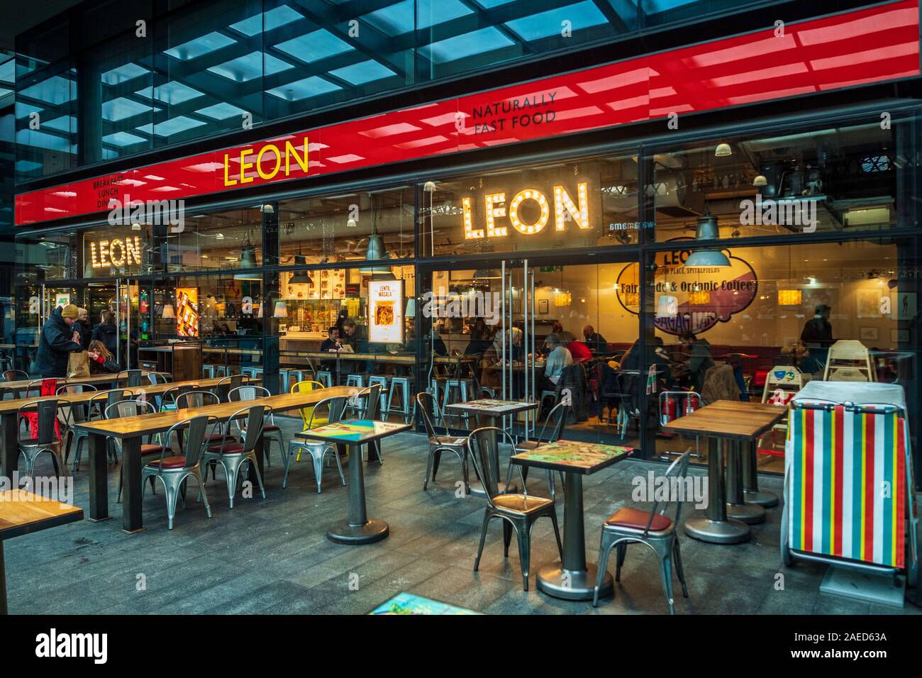 The Leon healthy & wholesome fast food restaurant in London's Spitalfields Market development in the City of London. Stock Photo