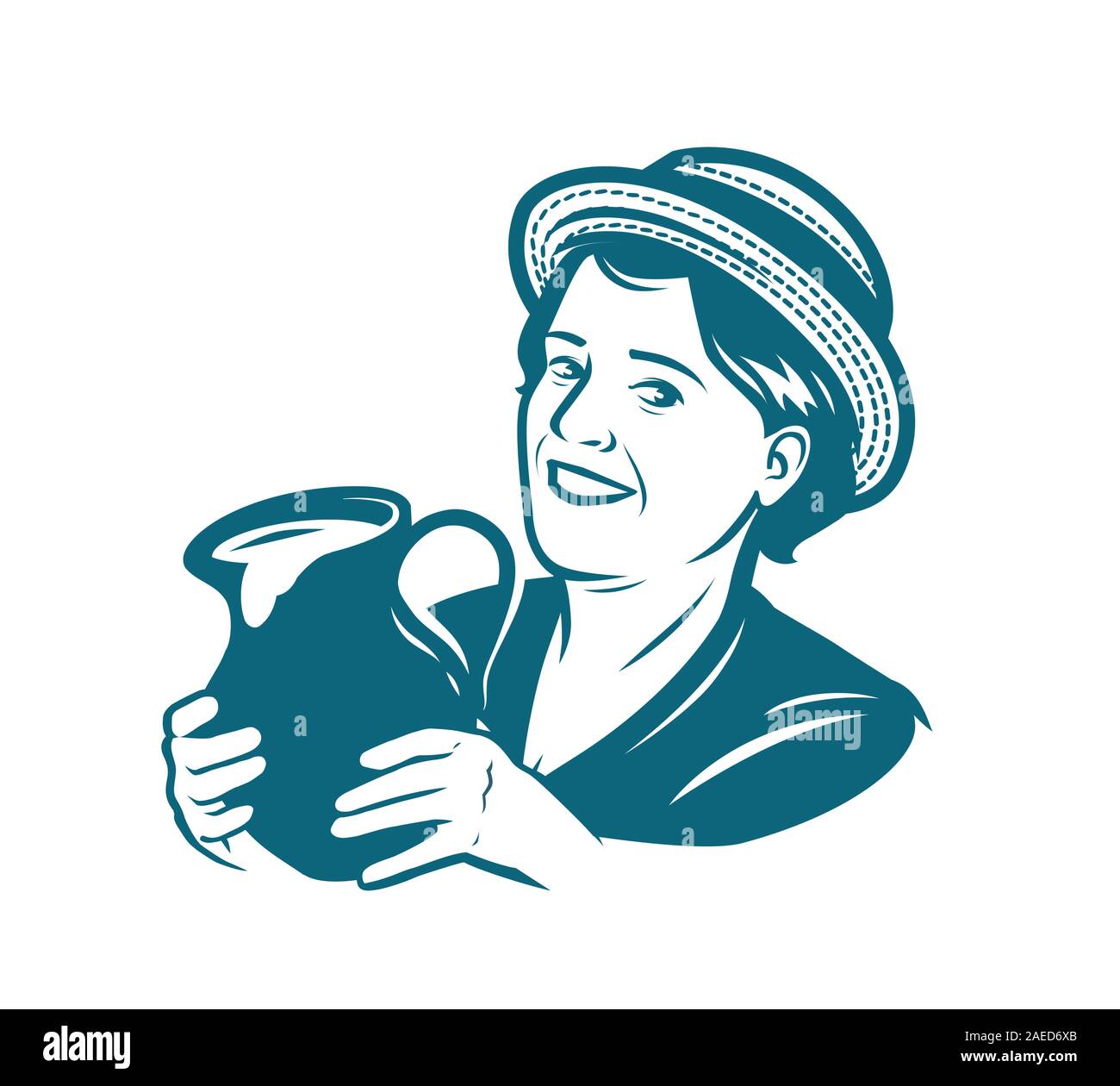 Beautiful young woman with a jug of milk. Dairy farm vector illustration Stock Vector